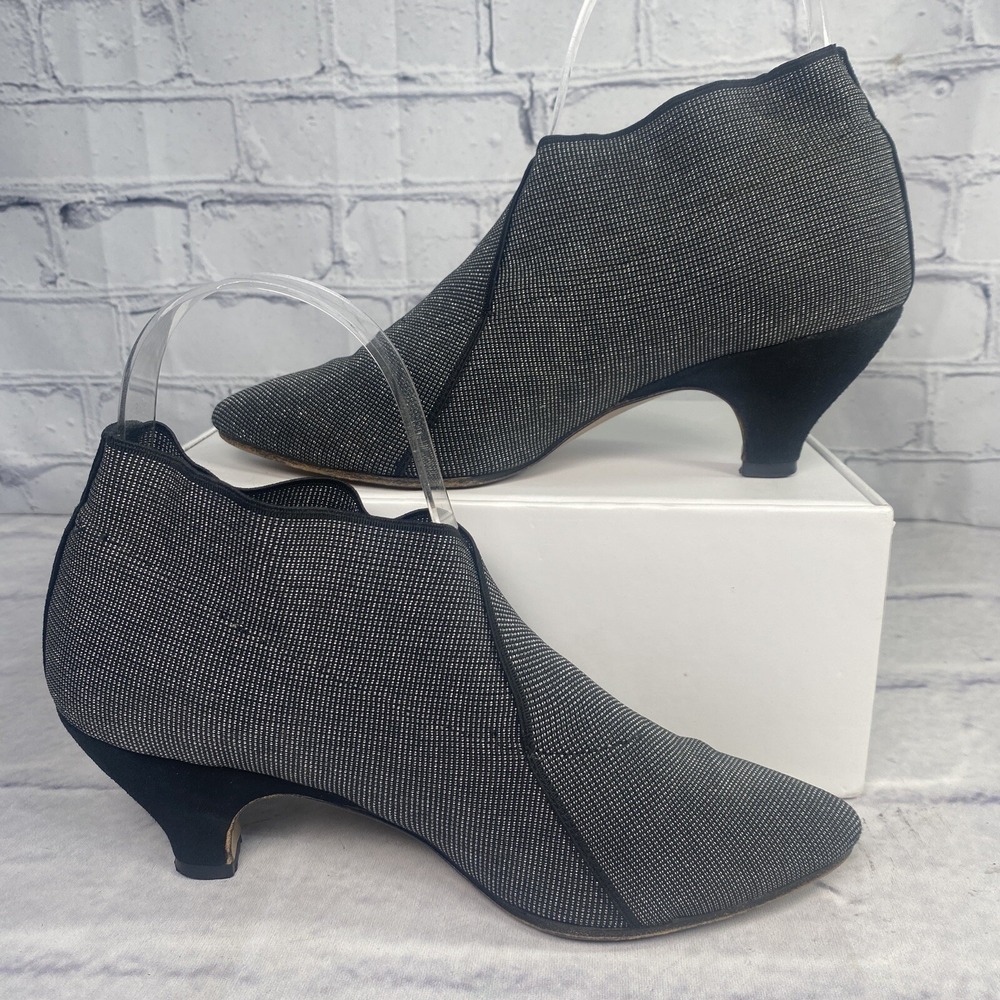 Sesto Meucci 5.5M Kitten Heel Pumps‎ Pointed Toe Black Silver Stretch Scalloped - Picture 2 of 11